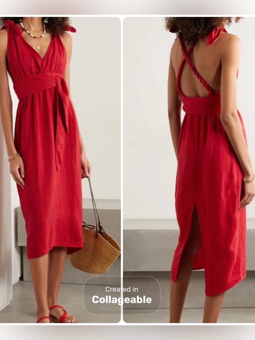 Mara Hoffman Swim Striped Linen & Tencel Lyocell  Tie-Shoulder Midi Dress